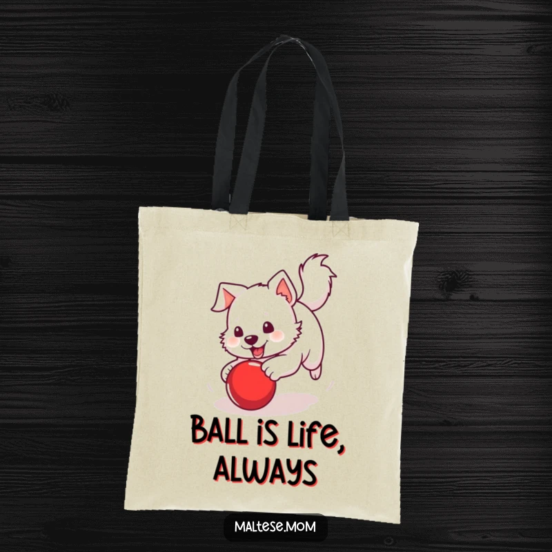 Funny Tote Bag showcasing a white dog with a perky tail chasing a bright red ball, perfect for active owners.