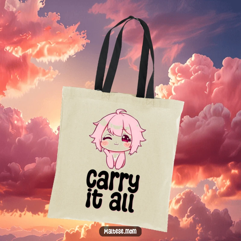 Funny tote bag featuring a character with a tiny, sweet smile and a subtle head tilt, perfect for carrying essentials with adorable flair.
