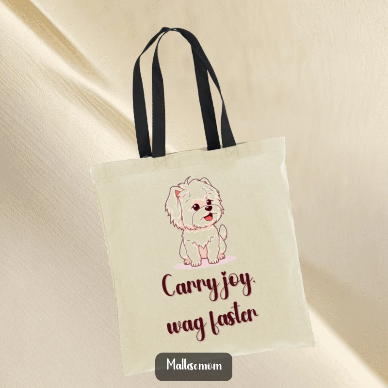 Funny tote bag featuring a Maltese dog with a fluffy tail wagging enthusiastically, perfect for carrying daily items.