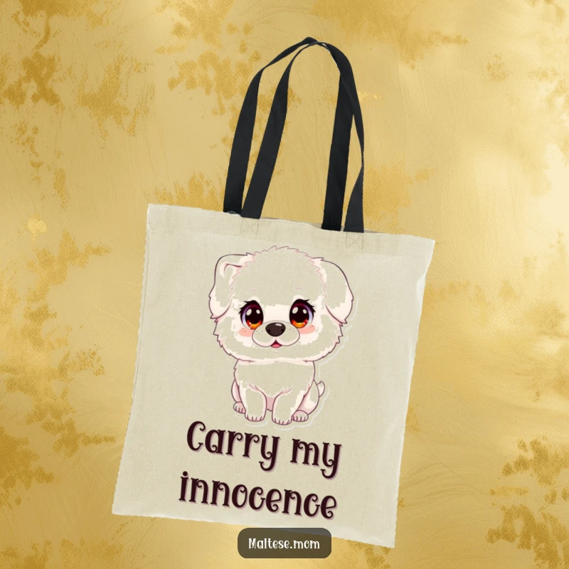 Funny tote bag with a fluffy white dog character with large, innocent eyes, tilting its head, ideal for carrying items whimsically.