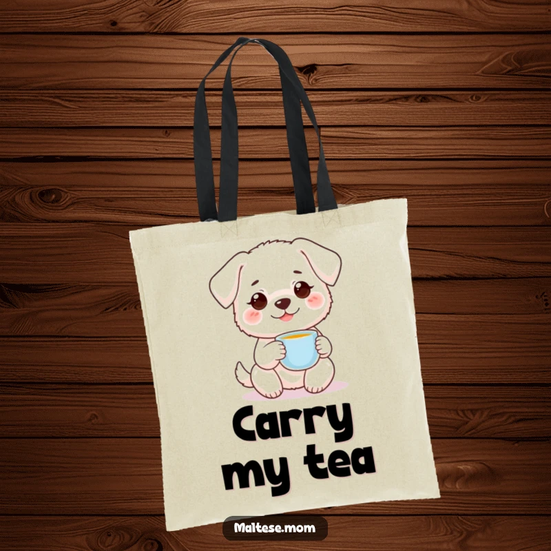 Funny small white dog with sweet smile holding tiny teacup on tote bag. Charming pet accessory, ideal funny gift.