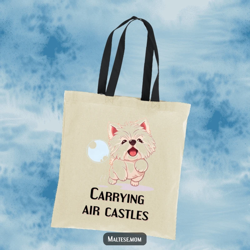 Funny Maltese dog tote bag with a playful white dog joyfully chasing a shimmering bubble.