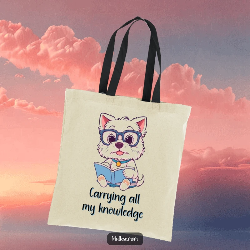 Funny Maltese Dog Tote Bag: A studious Maltese pup in oversized glasses carrying books, showcasing a love for learning and humor.