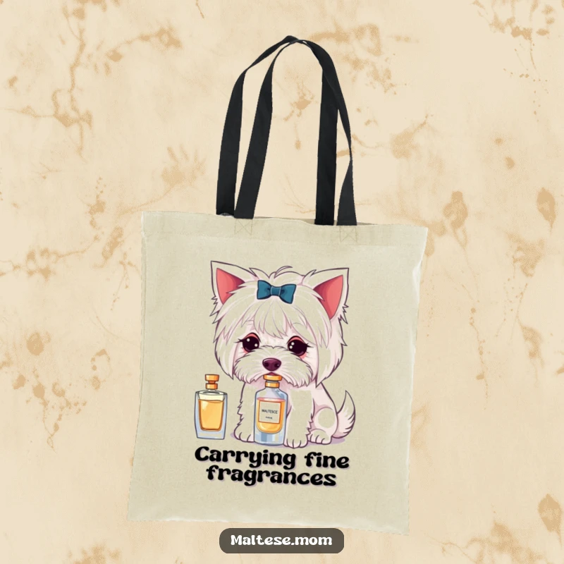 Funny tote bag featuring a Maltese dog character delicately sniffing a perfume bottle, perfect for stylish errands.