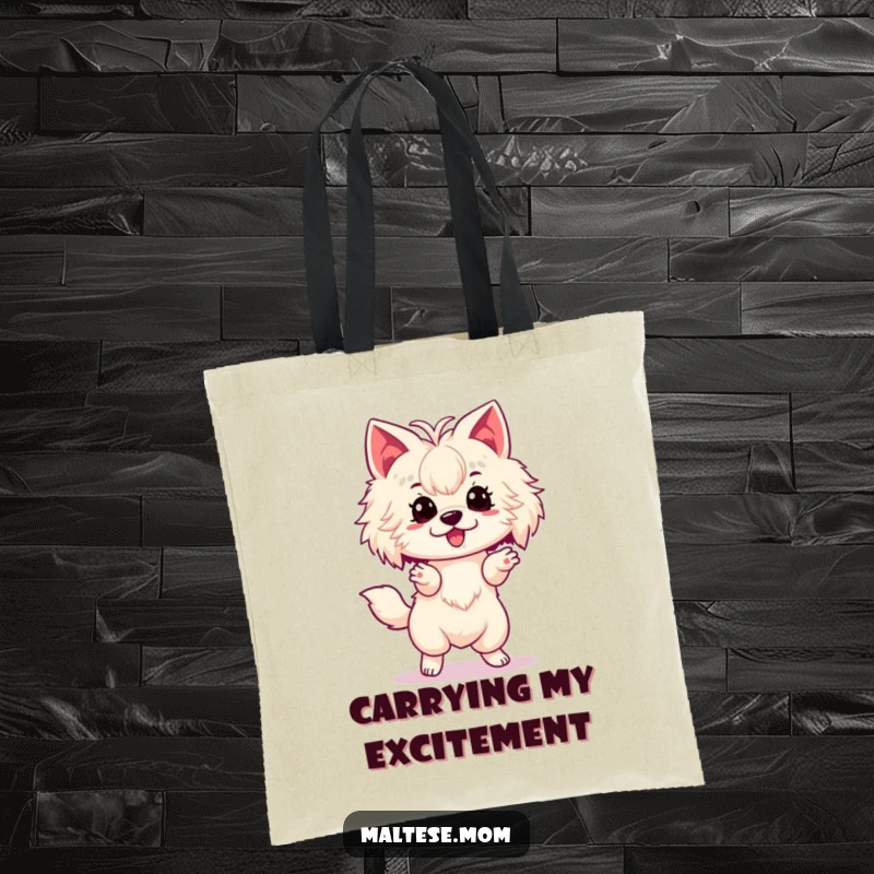 Funny Maltese Tote Bag showcasing a lady dog performing a small, excited spin, a cute and humorous accessory for daily use.