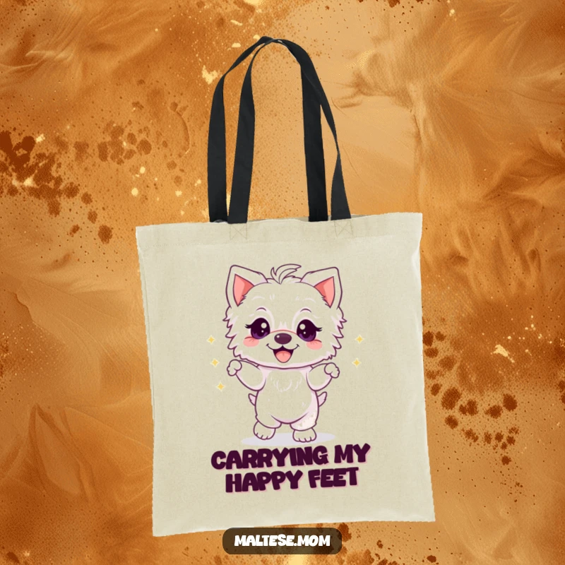 Funny Maltese puppy dancing with sparkly eyes and a wide grin, featured on a cheerful and practical tote bag.