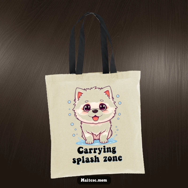 Funny dog tote bag with a fluffy white dog in the middle of a vigorous shake, water droplets flying humorously.