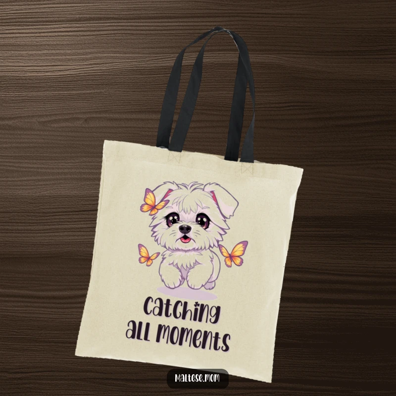 Funny Kawaii Maltese dog with wide, sparkling eyes, chasing a shimmering butterfly, a humorous and functional tote bag.
