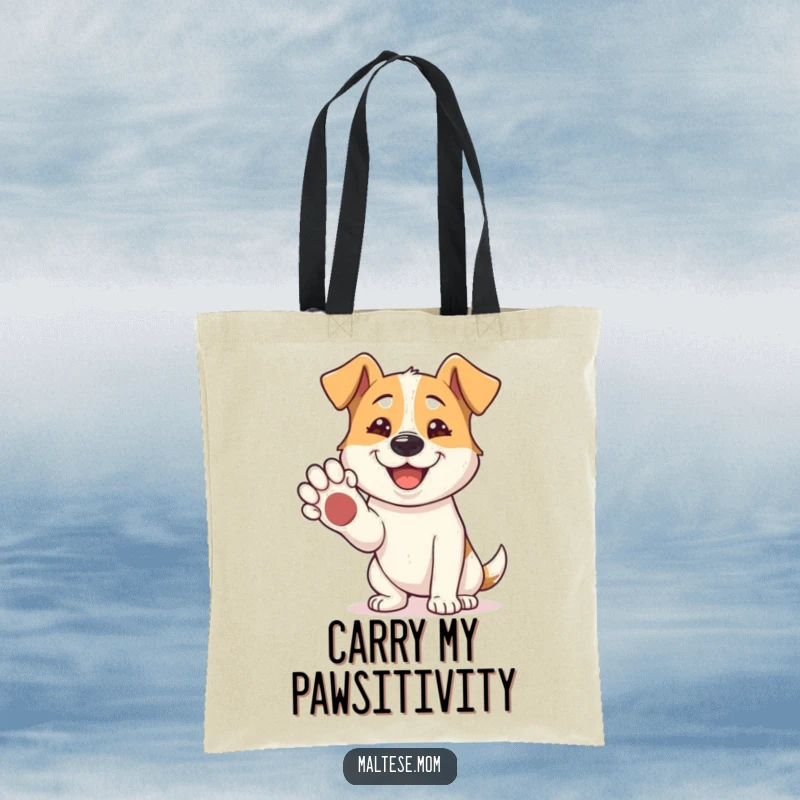 Funny Tote Bag: A dog extends its paw for a friendly shake, its happy grin inviting connection and good times.