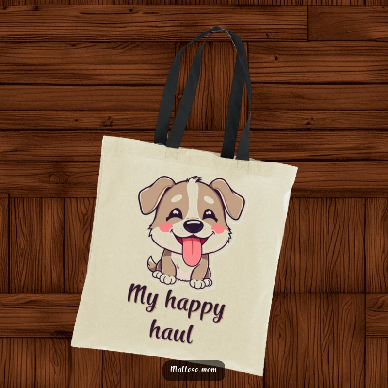 Funny tote bag showcasing a dog character with a happy, goofy expression and its tongue playfully sticking out.