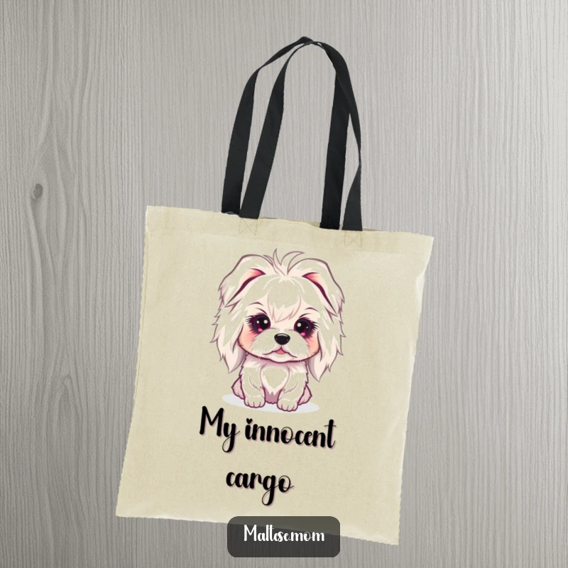 Funny Maltese Tote Bag showcasing a lady dog with a sweet, innocent gaze, a charming and humorous accessory for daily use.