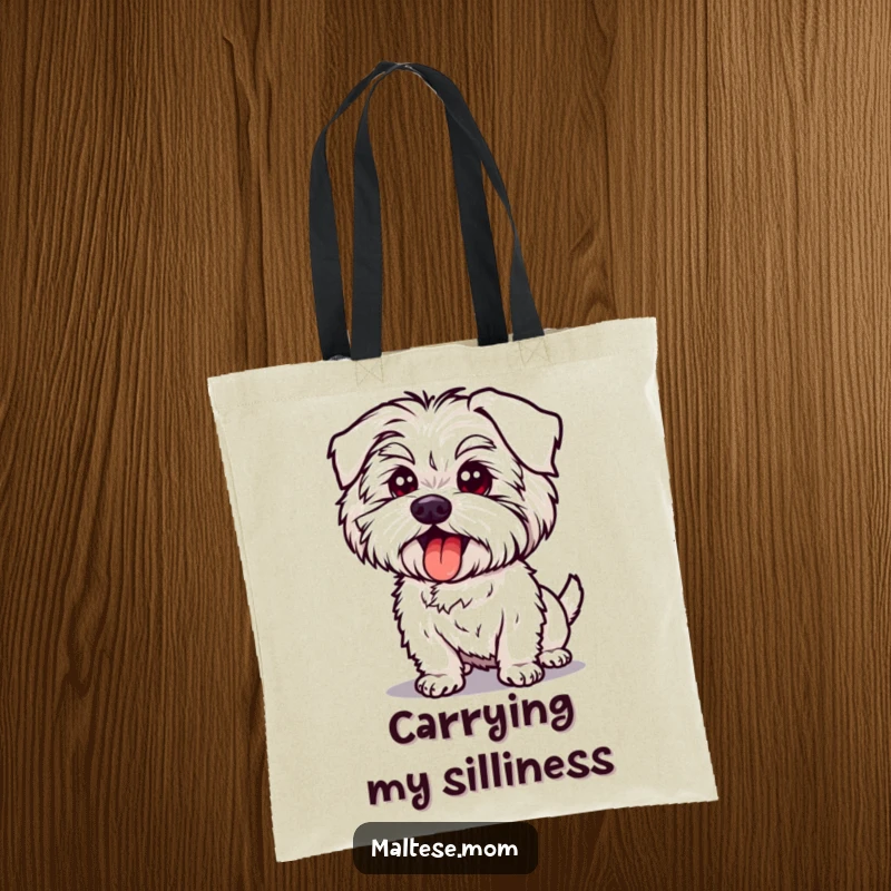 Funny Maltese Dog Tote Bag: Cute dog striking a silly pose, tongue out, making it a humorous and fun accessory.