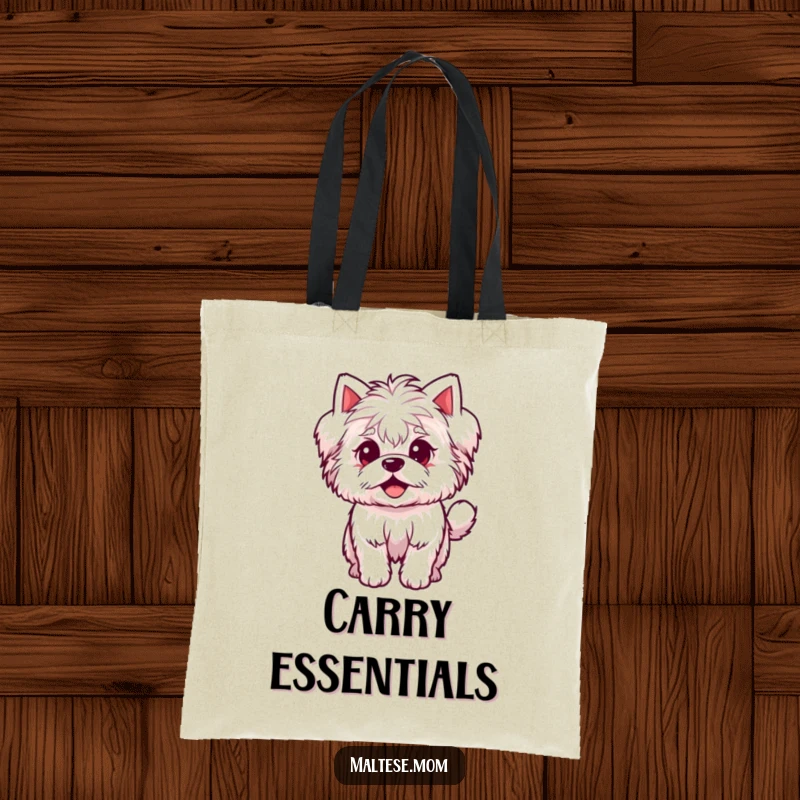 Funny Tote Bag featuring a small, fluffy Maltese dog character with an excited wagging tail, ideal for pet parents.
