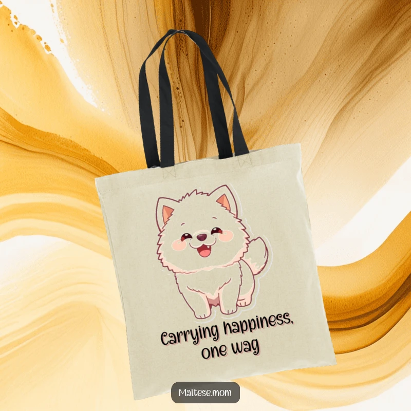 Funny Tote Bag showcasing a fluffy white dog's vigorous tail wag, a delightful and humorous accessory for shoppers.