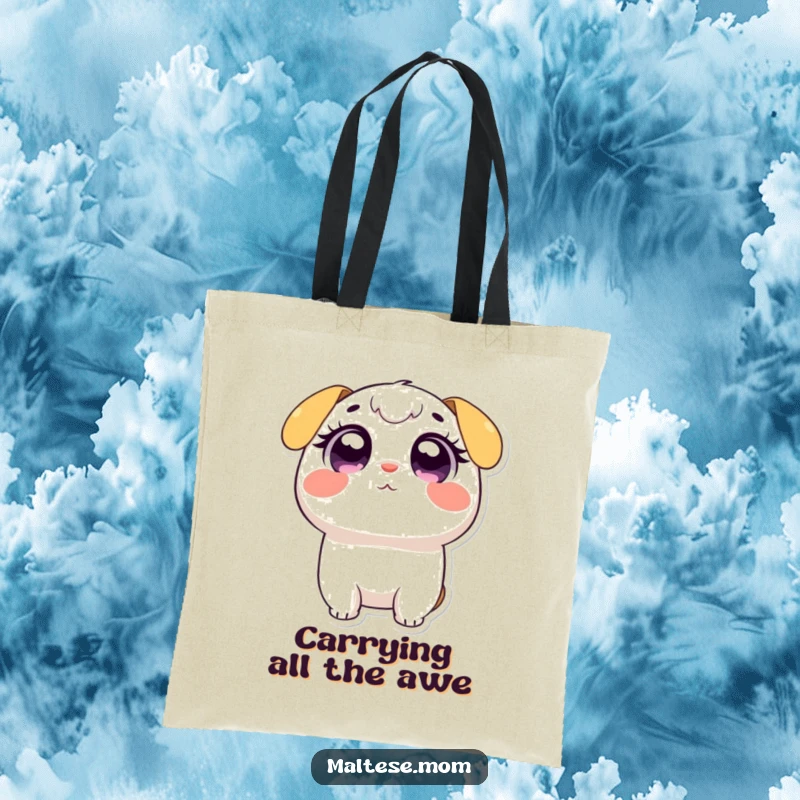 Funny tote bag showcasing an endearing character with large, wide, sparkling adoring eyes, perfect for carrying essentials with maximum cuteness.