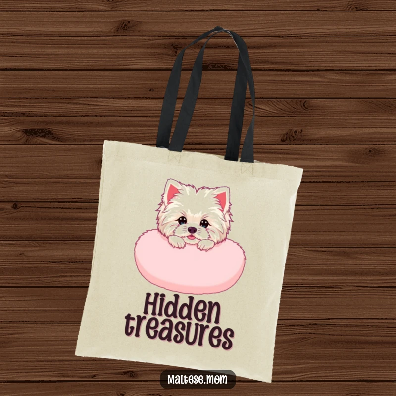 Funny Maltese Lady Tote Bag: A Maltese dog peeking from a fluffy pink cushion, a funny and charming carry-all.