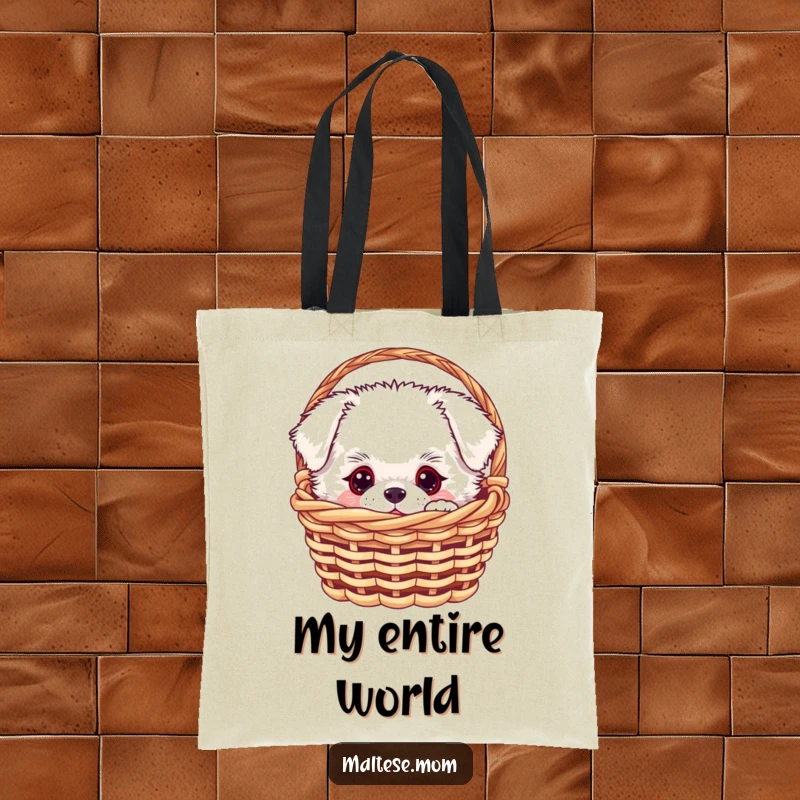 Funny white fluffy dog peeking from a small basket, featured on a durable tote bag, perfect for a funny gift.