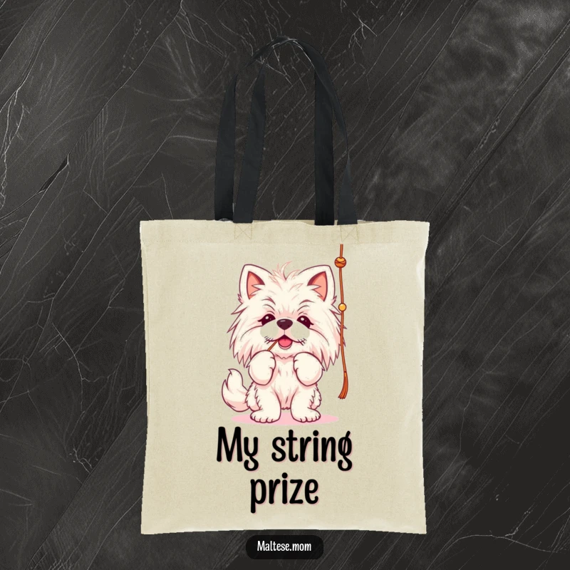 Funny Maltese lady dog tote bag, batting at a string, practical and cute.