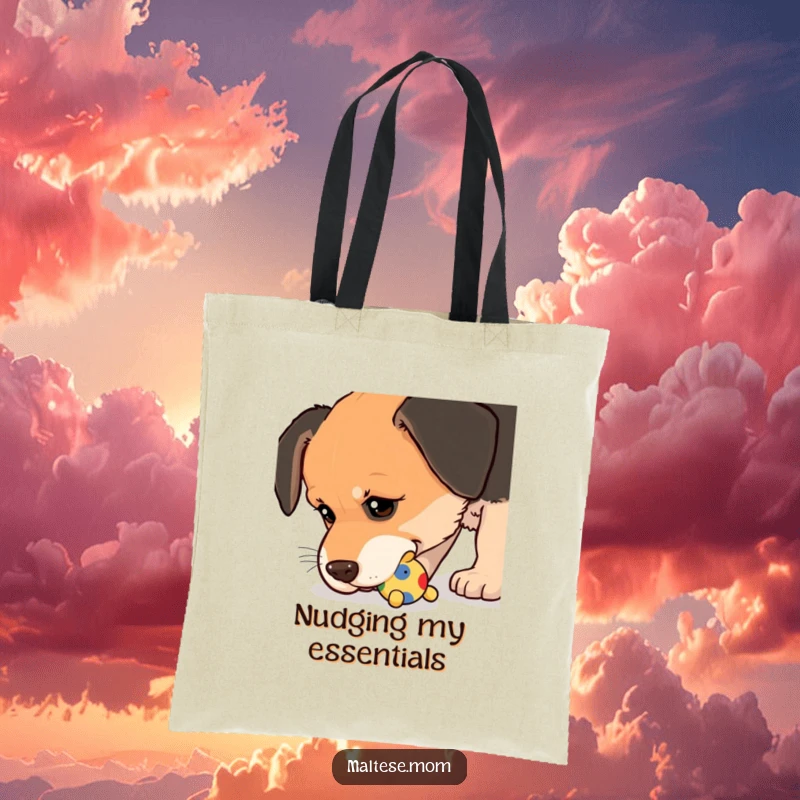 Funny Tote Bag showcasing a dog nudging a small, colorful toy with its wet nose, a delightful accessory.
