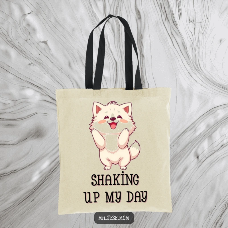Funny Tote Bag showcasing a fluffy dog energetically shaking its head with a joyful motion, perfect for market trips.